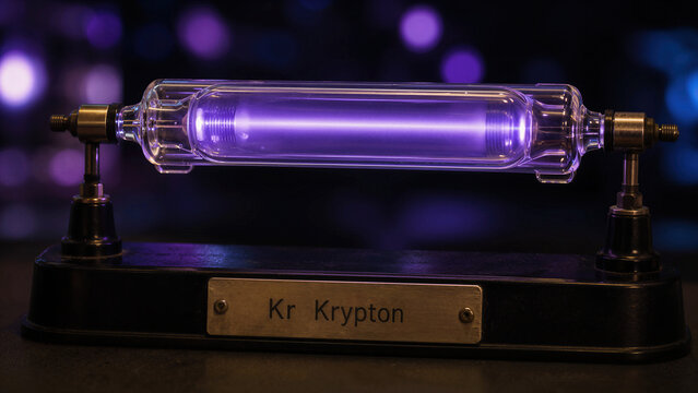 Krypton gas discharge tube shows glowing purple light in a laboratory setting during the evening