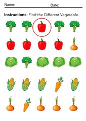 Fototapeta premium Find the Different Vegetable Worksheet for Kids Visual Discrimination Activity Printable