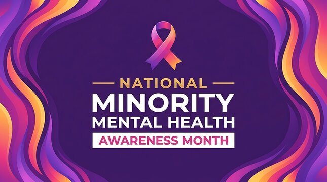 National minority mental health awareness month observed each year in july purple and pink ribbon graphic with colorful abstract wavy background vector illustration.