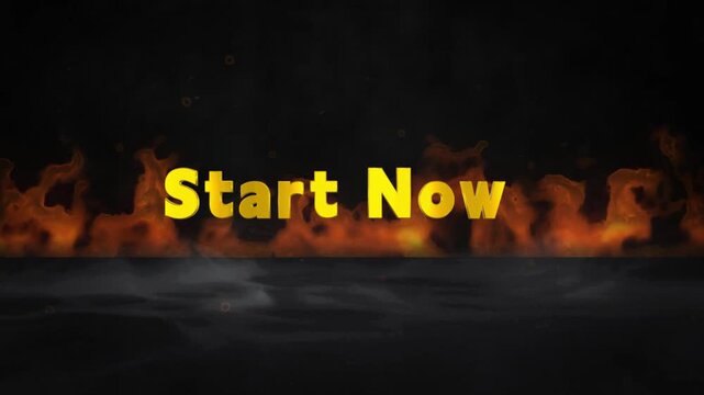 Explosive fire animation with start now text overlay on black background