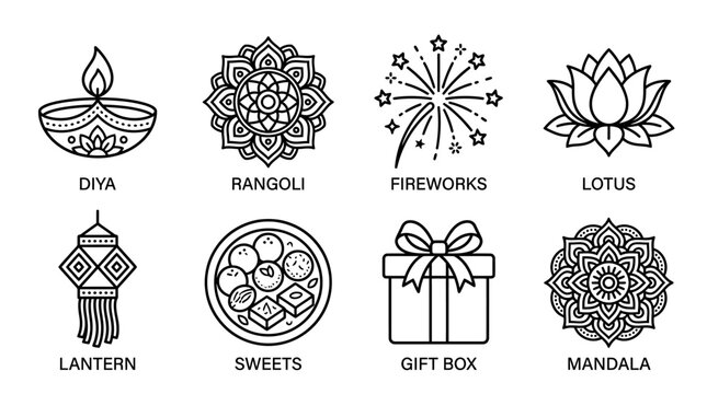 Festive Indian decorations and symbols arranged on a table indoors.