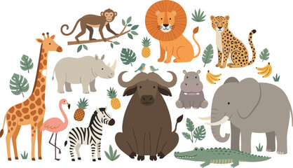 Cute African Safari Jungle Animals Collection Set with Lion Elephant Giraffe Zebra and Tropical Monstera Leaves Flat Cartoon Vector Illustration © MdSaddam