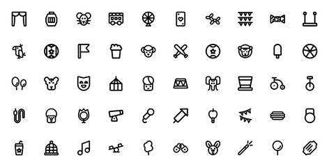 Circus icon set. Minimalist vector icons. Carnival icon pack. Featuring carnival, clown, lion, elephant, balloon, ticket, popcorn, magic wand, cannon, unicycle and more. Editable vector stroke. © wang
