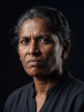 South Asian Woman Showing Controlled Resolve and Intense Determined Expression Studio Portrait