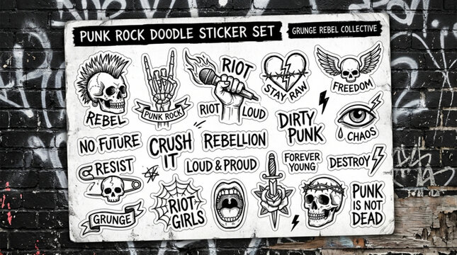 Punk rock doodle sticker set, rebel graffiti illustrations, black and white vector icons, punk rock themed stickers