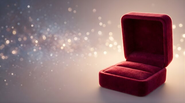Open red velvet jewelry box on a glittery background for engagement