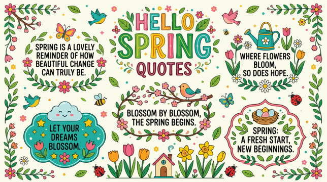 Colorful spring quotes and flowers illustration.
