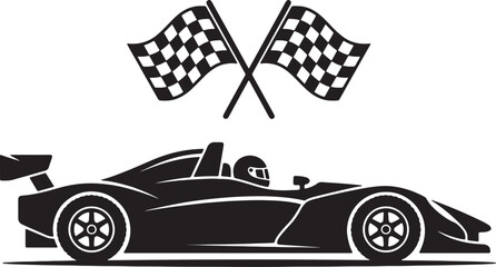 Naklejka premium Black and white of a race car with a driver in a helmet, positioned below two crossed checkered racing flags on a white background, also transparent background