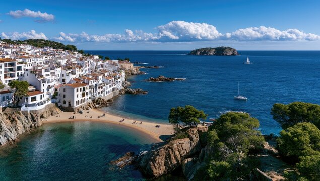 Picturesque Coastal Village with White Buildings and Sandy Beach.