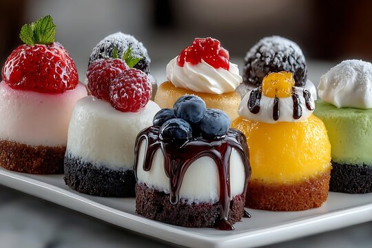 Assorted mini cheesecakes with fresh fruit and decadent toppings arranged on white serving platter