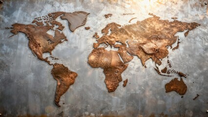 Fototapeta premium A textured metal world map riddled with bullet damage, symbolizing international warfare and geopolitical tension across continents.
