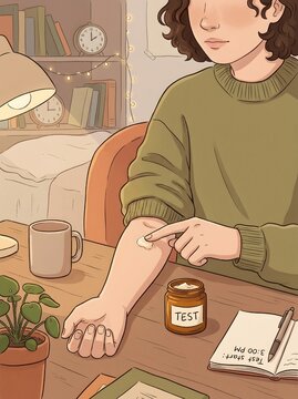 Woman Performing Patch Test of New Skincare Cream on Forearm Illustration