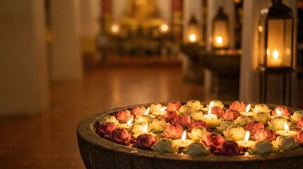 Fototapeta premium Serene Floral Candle Display: A rustic stone basin overflows with floating flower petals and votive candles, creating a tranquil and aromatic ambiance. Blurred in the background.