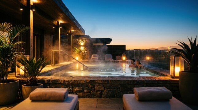 Tranquil Evening Spa Retreat: Guests relax in a steamy outdoor hot tub overlooking a twilight landscape, illuminated by soft ambient lighting and potted plants.