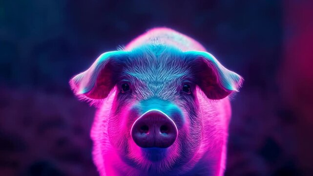 Pig with vibrant pink and blue lighting gazes directly at the camera, showcasing its features in a visually striking and colorful setting with blurred background