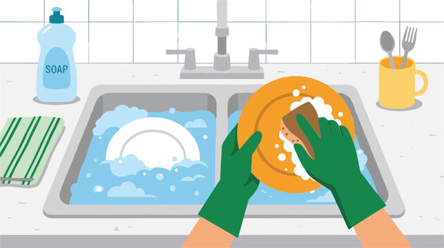 Washing Dishes in Kitchen Sink with Soap Foam Sponge and Protective Rubber Gloves Vector Illustration for Domestic Housework Chore and Cleaning Service Concepts
