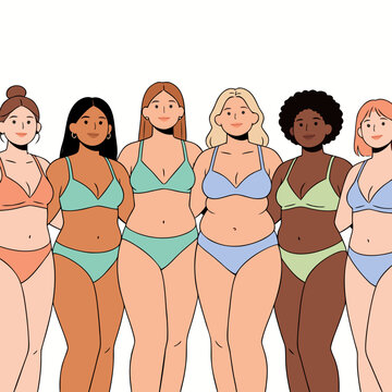 Diverse group of women with different body types and ethnicities standing together in underwear celebrating body