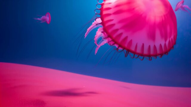 Vibrant pink jellyfish gracefully swim through deep blue ocean waters, showcasing flowing tentacles and a sandy seabed in a serene underwater environment