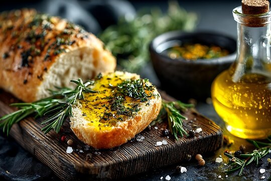 Freshly baked garlic bread slice with herbs on dark wooden board with olive oil and spices in background