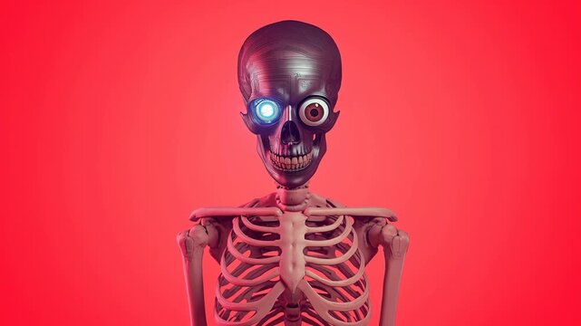 Animated skeleton figure with one eye glowing blue and the other eye wide open, set against a vibrant red background, showcasing a playful and whimsical character design