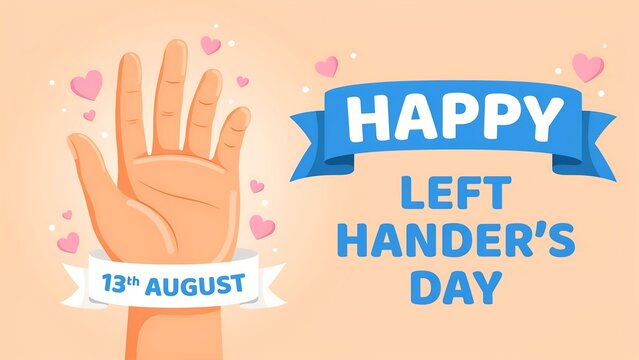 Happy left handers day illustration with hand silhouette and august thirteenth text badge thirteenth celebration