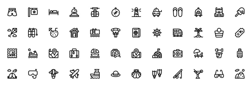 Holiday icon set. Travel vector icons pack. Minimalist icons pack. Including vacation, beach, hotel, swimsuit, luggage, camera, map, airplane, cruise, mountain & more. Editable vector stroke.