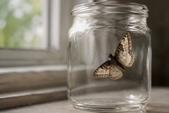 A lone moth flutters inside a clear glass jar with soft light from a window.
