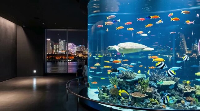 都市型水族館の巨大な円柱水槽と美しい夜景