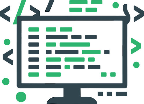 Computer monitor displaying source code lines with web programming tags for software development and website coding engineering concept (18 words)