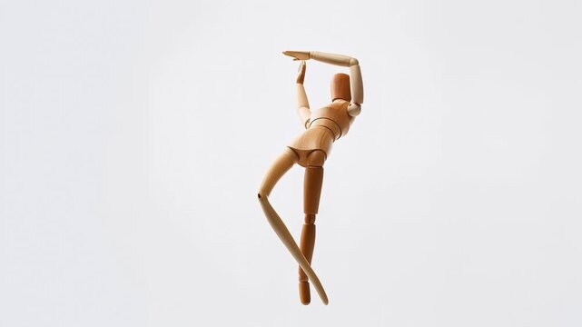 Wooden mannequin figure in dynamic poses transitions from arms outstretched to a balanced stance and finally to a graceful curve against a clean white background