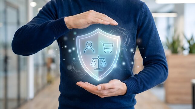 Man protecting a digital shield with consumer rights and justice icons