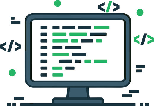 Computer monitor displaying source code lines with web programming tags for software development and website coding engineering concept (18 words)