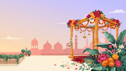 Fototapeta premium Traditional Indian Floral Wedding Mandap with Temple Silhouette Background, Sunset Gradient and Elegant Decorative Vector Illustration