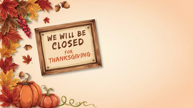 Rustic Thanksgiving Closure Sign with Autumn Leaves, Pumpkins and Wooden Frame Announcement Design