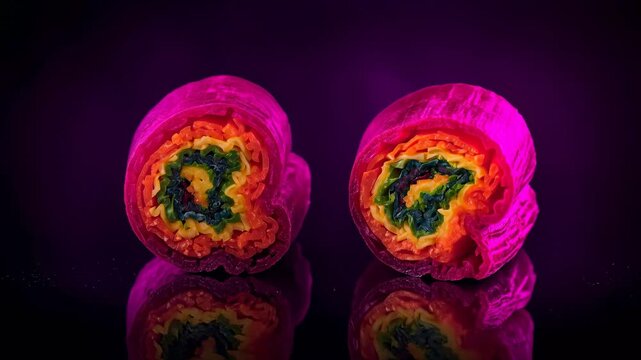 Colorful layered candy rolls with vibrant hues of pink, orange, yellow, and green displayed on a reflective surface against a dark background