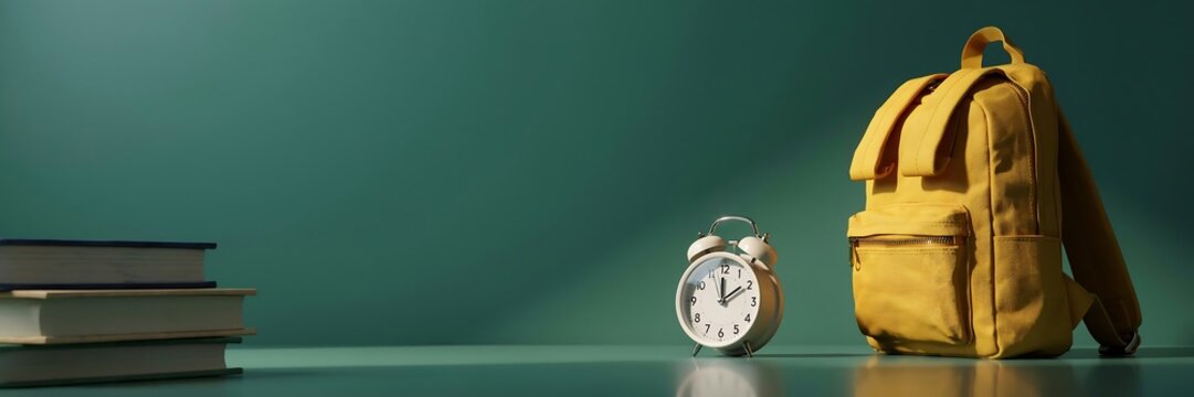 School back to school concept with backpack alarm clock and books on teal background education theme