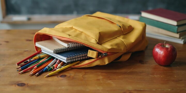 School Backpack with Stationery and Apple Creative Back to School Study Concept Flat Lay Design