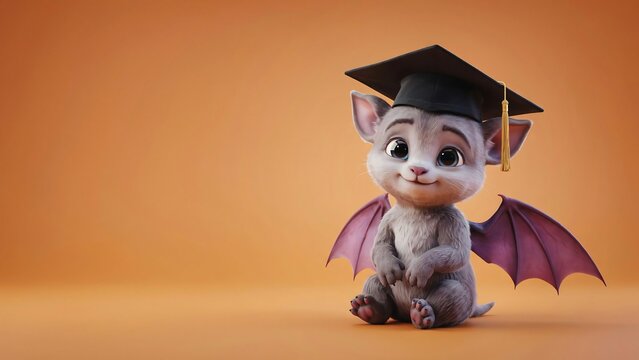 3D Cute Kitten Wearing Graduation Cap with Bat Wings on Orange Background, Academic Success Fantasy Concept Illustration