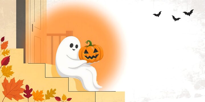 Cute Halloween ghost sitting with pumpkin jack-o-lantern autumn leaves bats festive seasonal illustration