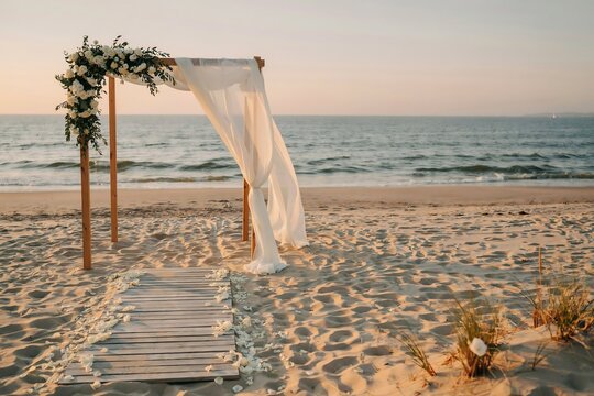 Elegant Beach Wedding Arch with White Drapery and Floral Decor on Sandy Shore at Sunset Ocean Ceremony