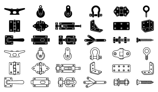 Brass Hinges Brackets and Tower Bolt Hardware Icons Vector Collection