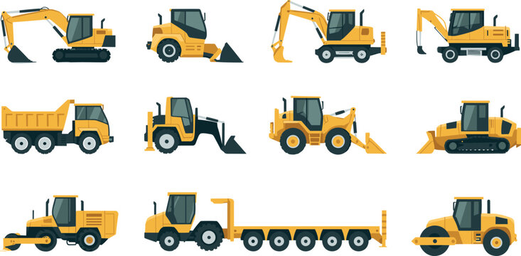 Heavy construction machinery vector set featuring yellow excavator dump truck bulldozer road roller front loader and transport trailer (17 words)