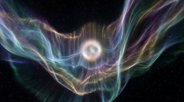 Glowing nebula clouds swirl around a brilliant central star within the deep dark vastness of outer space captured in this vibrant and colorful cosmic digital artwork
