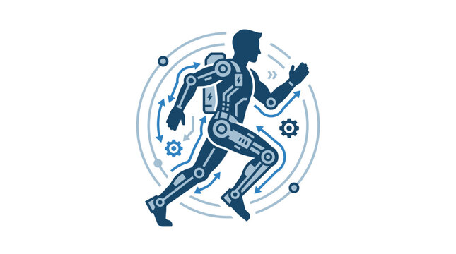 Futuristic athlete running in powered robotic exoskeleton suit.