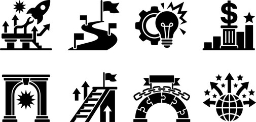 Business Strategy and Startup Growth Solid Icon Set for Financial Success and Project Milestones © Utpal