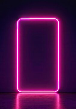 Vibrant Pink Neon Rectangle Frame Glowing Against Dark Purple Background.