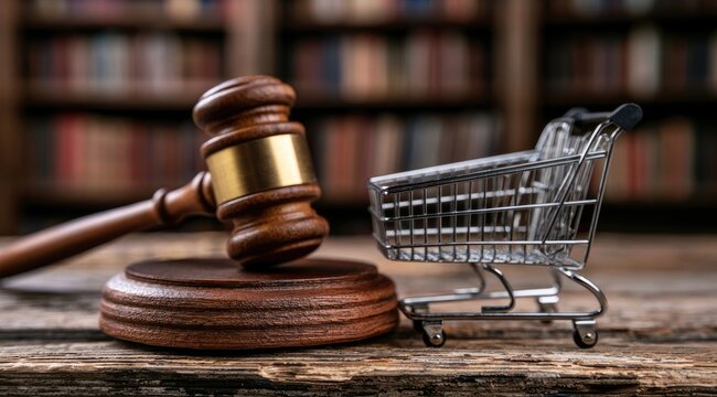 Gavel and Shopping Cart Symbolizing Consumer Law and Commerce.