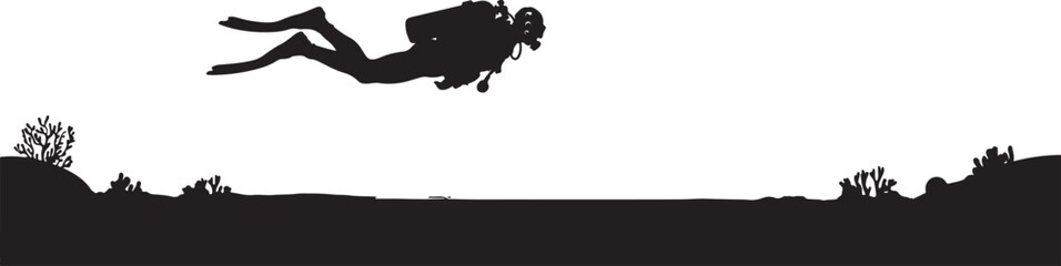a scuba diver swimming underwater with bubbles rising. Silhouette vector illustration © Hasho 