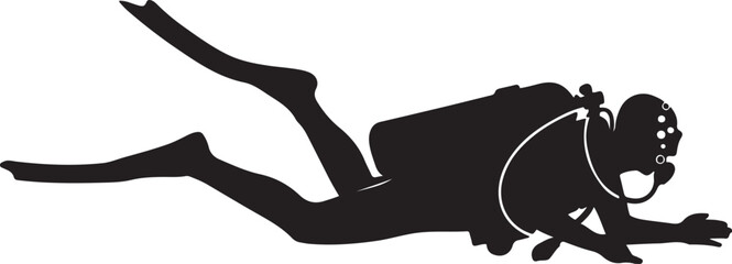 a scuba diver swimming underwater with bubbles rising. Silhouette vector illustration © Hasho 