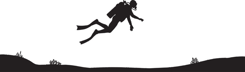 a scuba diver swimming underwater with bubbles rising. Silhouette vector illustration © Hasho 